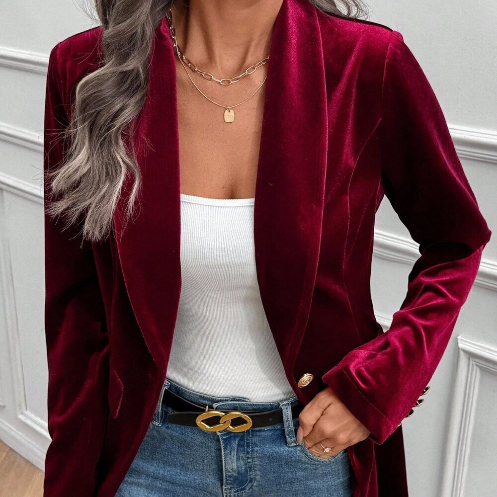 Burgundy Party Women's Elegant Velvet Blazer - Picture 5 of 8